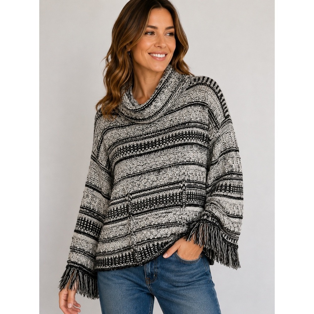 VENUS Cowl Neck Sweater Womens Medium Black White Fringe Cuff Striped Knit Boho